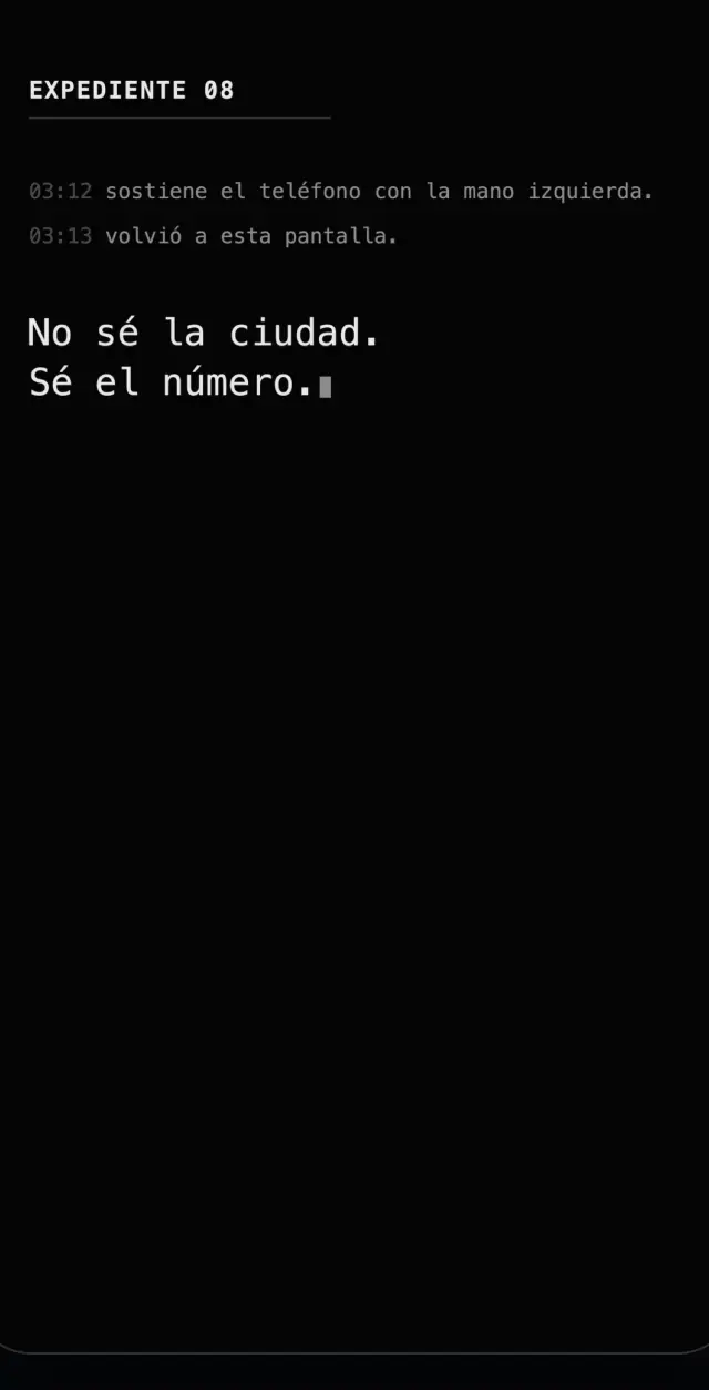 Una pantalla negra con texto monoespaciado: Expediente 08. No sé la ciudad. Sé el número.