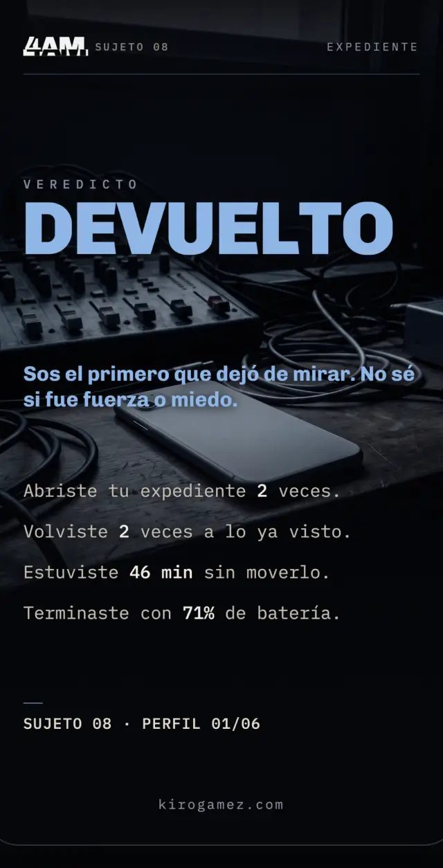 La ficha del final con el veredicto Devuelto y cuatro afirmaciones con números.